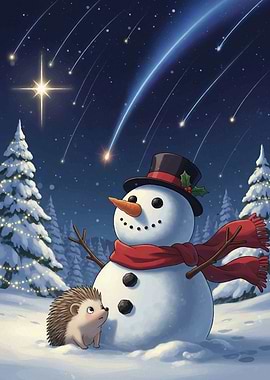 Snowman and Hedgehog under Shooting Stars