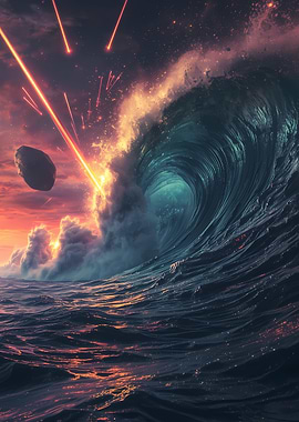 Surreal Asteroid Impact Ocean Scene – Massive Waves and Fiery Meteor Shower Fantasy Art