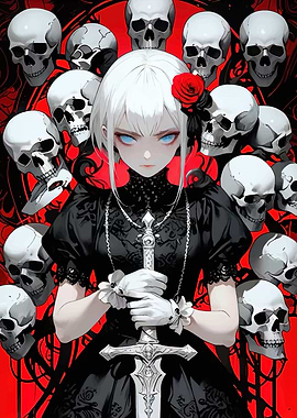Gothic Girl with Sword and Skulls