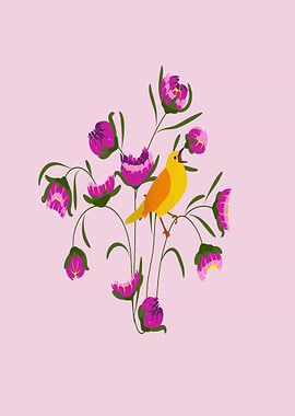 Bird and Flowers on Pink Background