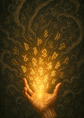 Hand casting magic runes illustration
