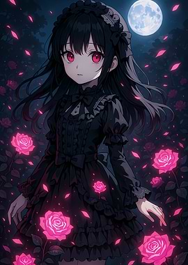 Anime Girl in Rose Garden at Night