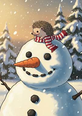 Hedgehog on Snowman in Winter Scene