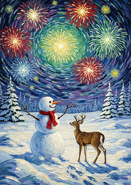 Winter Fireworks Snowman Deer