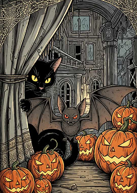 Halloween Spooky Scene Cat Bat