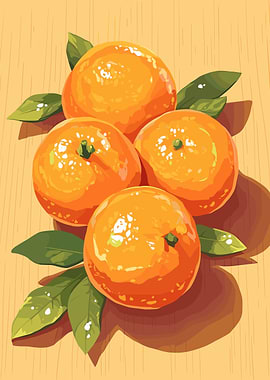 Tangerines with Leaves on Wooden Surface