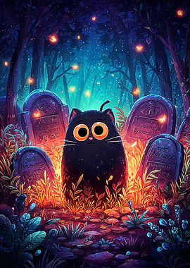 Cute Black Cat in Graveyard