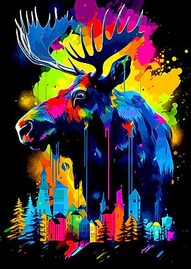 Colorful Moose with Cityscape Art
