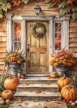 Autumn Doorway with Pumpkins and Wreath