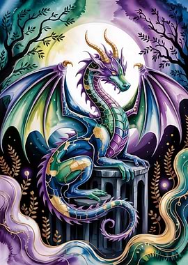 Watercolor Dragon on Stone Pedestal