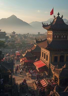 Bustling Asian Marketplace with Pagoda Tower