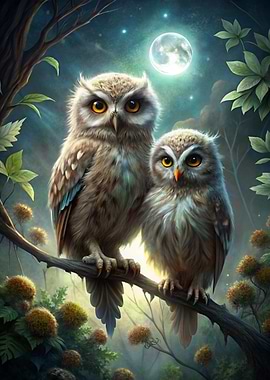 Two Owls Perched Under Moonlight