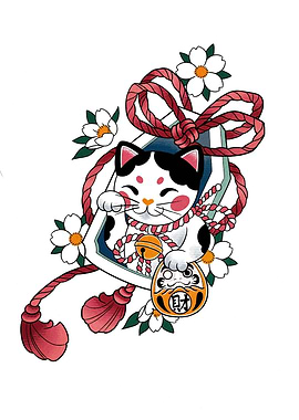 Maneki Neko with Daruma and Flowers