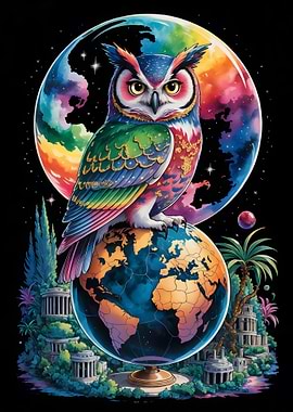 Colorful Owl Perched on Globe