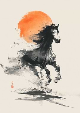 Running Horse Ink Painting with Sun