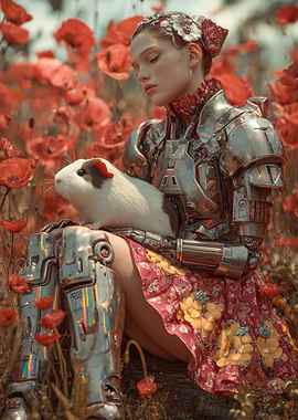 Cyborg Girl with Guinea Pig in Poppies