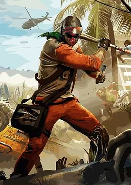 Action scene with a character and zombies