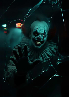 Creepy Clown Behind Shattered Glass