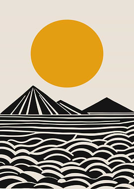 Minimalist Landscape with Sun and Mountains