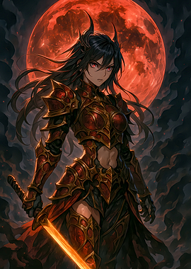 Anime Warrior Woman with Red Moon