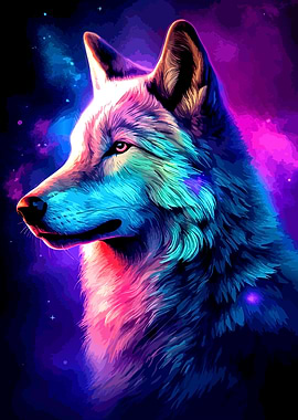 Colorful Wolf Portrait with Cosmic Background