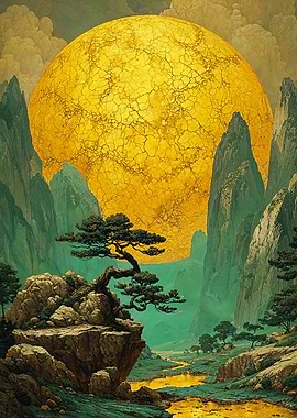 Golden Moon Asian Landscape with Bonsai Tree