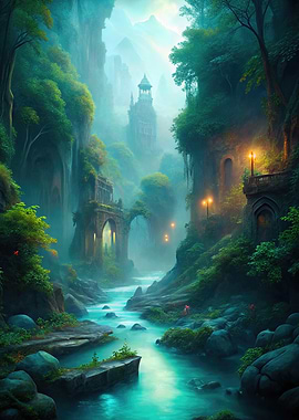 Mystical River Landscape with Ancient Architecture