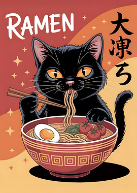 Black Cat Eating Ramen Illustration