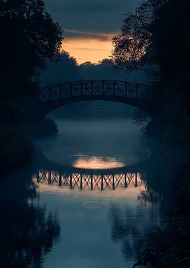 A bridge crossing a river at dusk with fog