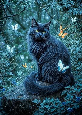 Black Cat with Butterflies in Forest