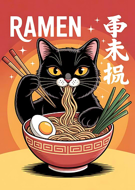 Cat Eating Ramen Illustration