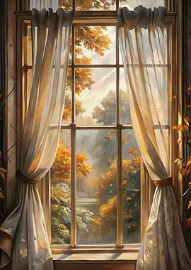 Autumn View Through Window with Curtains