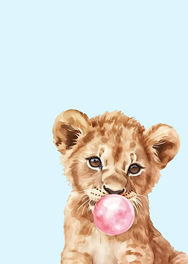 Lion Cub with Bubble Gum Watercolor