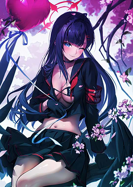 Anime Girl with Heart Balloon and Flowers