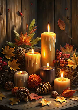 Autumn Candles and Pine Cones Still Life