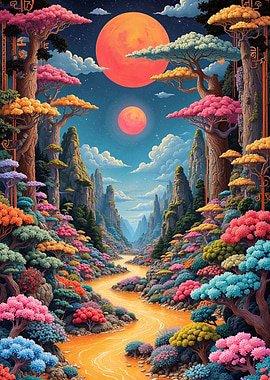 Colorful Asian Landscape with River and Moon