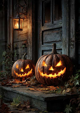 Halloween Pumpkins on Porch with Lantern