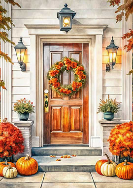 Autumn Doorway with Pumpkins and Wreath