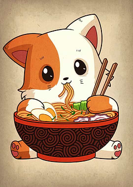 Cute Cat Eating Ramen Illustration