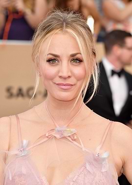 Kaley Cuoco portrait in pink dress