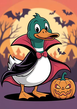 Duck in Vampire Costume with Pumpkin