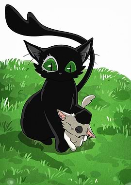 Black cat with a white kitten