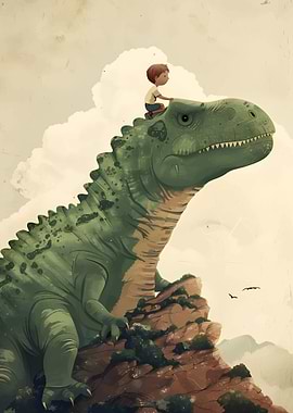 Boy riding a green dinosaur illustration