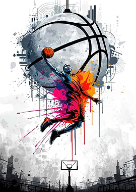Basketball Player Dunking with Colorful Splashes