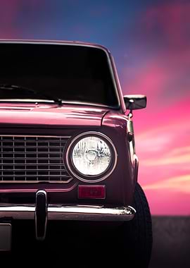 Vintage Car Front View at Sunset