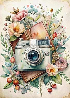 Vintage Camera and Floral Watercolor