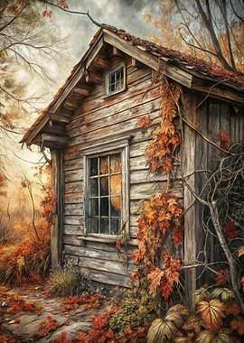 Autumn Cabin with Vines and Leaves
