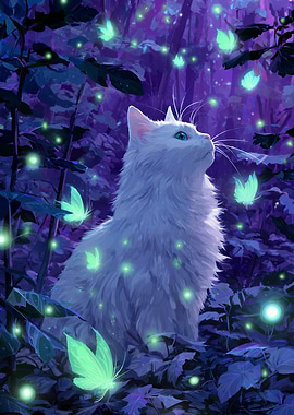 White Cat with Butterflies in Forest