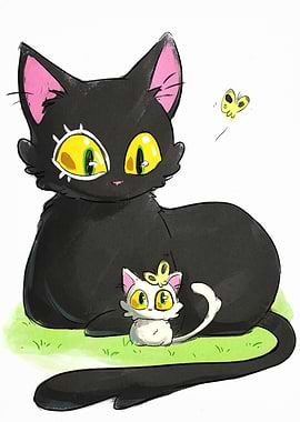 Black Cat and Kitten with Butterfly