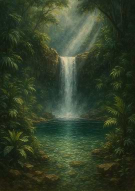 Lush Waterfall in Tropical Rainforest